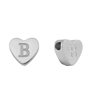 Roestvrij stalen (RVS) Stainless steel kralen hart letter B Silver