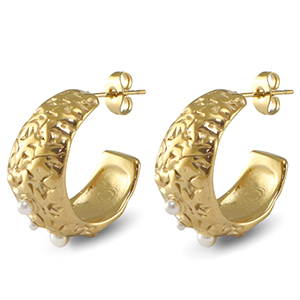 Roestvrij stalen (RVS) Stainless steel oorbellen / oorstekers imitatie parels Gold