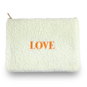 Etui van teddystof "LOVE" Off white-orange