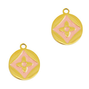 Roestvrij stalen (RVS) Stainless steel bedels rond bloem Gold-pink