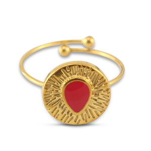 Roestvrij stalen (RVS) Stainless steel ringen enamel rond met druppel Gold-magenta pink