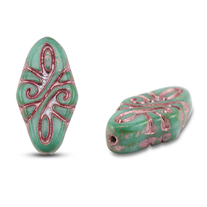 Czech kralen arabesque 19x9mm Army green-pink