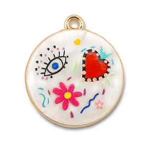 Bedels metaal met enamel rond White-multicolour-gold