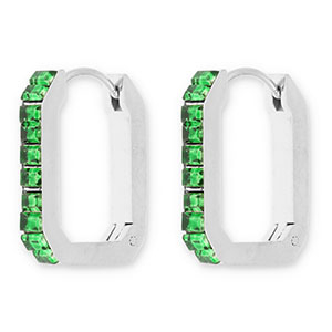 Roestvrij stalen (RVS) Stainless steel oorbellen / creolen rechthoek met strass Silver-green