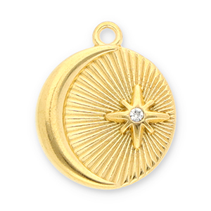 Roestvrij stalen (RVS) Stainless steel bedels maan en ster met strass Gold-transparent