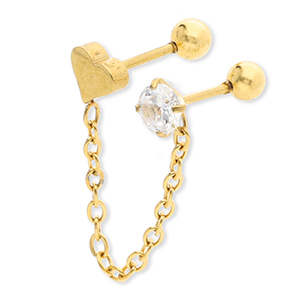 Roestvrij stalen (RVS) Stainless steel oorpiercing hart met ketting & strass Gold-crystal