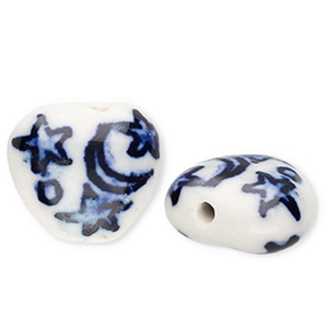 Kralen keramiek hart met maan en sterren Off white-Delft blue