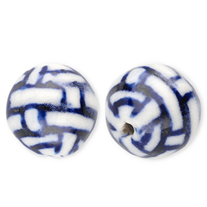 Kralen keramiek 12mm met rechthoeken Off white-Delft blue