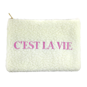 Etui van teddystof "C'EST LA VIE" Off white-purple