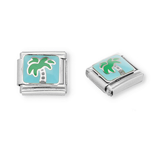 Roestvrij stalen (RVS) Stainless steel Italian charms losse schakels palmboom Silver-light blue-green