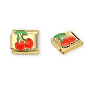 Roestvrij stalen (RVS) Stainless steel Italian charms losse schakels kersen Gold-red-green