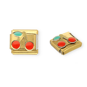 Roestvrij stalen (RVS) Stainless steel Italian charms losse schakels kersen Gold-red-green