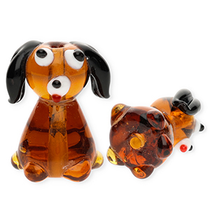 Handgemaakte glaskralen hond Transparent brown-black-white-red
