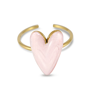 Roestvrij stalen (RVS) Stainless steel ringen enamel hart Pearl light pink-gold