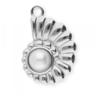 Roestvrij stalen (RVS) Stainless steel bedels schelp met imitatieparel Silver-white