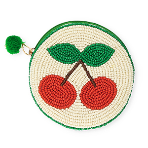 Portemonnee rond met kersen Off white-green-brown-red
