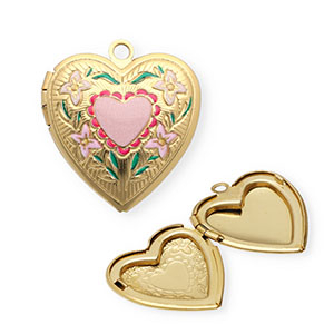 Roestvrij stalen (RVS) Stainless steel medaillon bedels met enamel hart met bloemen Gold-pink-green