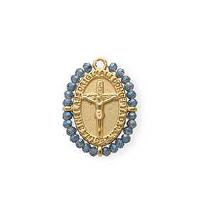 Roestvrij stalen (RVS) Stainless steel bedels ovaal met kruisbeeld Gold-blue