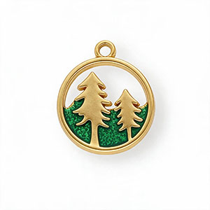 Roestvrij stalen (RVS) Stainless steel bedels met enamel rond met bomen Gold-green
