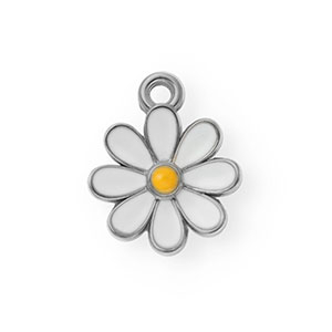 Roestvrij stalen (RVS) Stainless steel bedels met enamel madelief Silver-white-orange