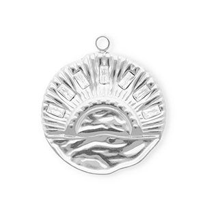 Roestvrij stalen (RVS) Stainless steel bedels met strass rond met zonsondergang Silver-crystal