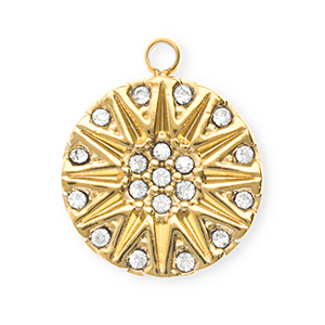 Roestvrij stalen (RVS) Stainless steel bedels met strass rond met zon Gold-crystal
